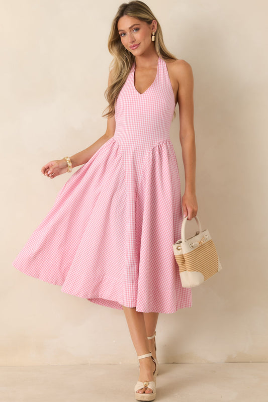 ASTR The Label Meana Pink Cotton Gingham Halter Midi Dress