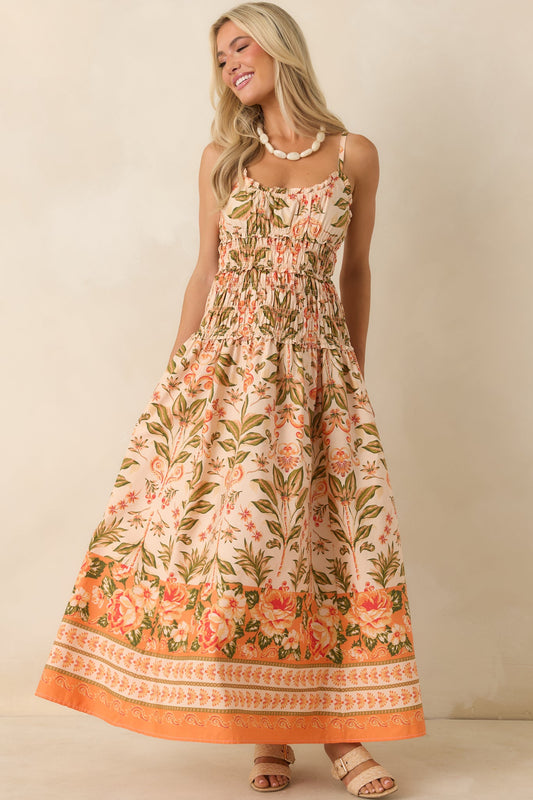 Slow Summer Peach & Green Floral Cotton Maxi Dress