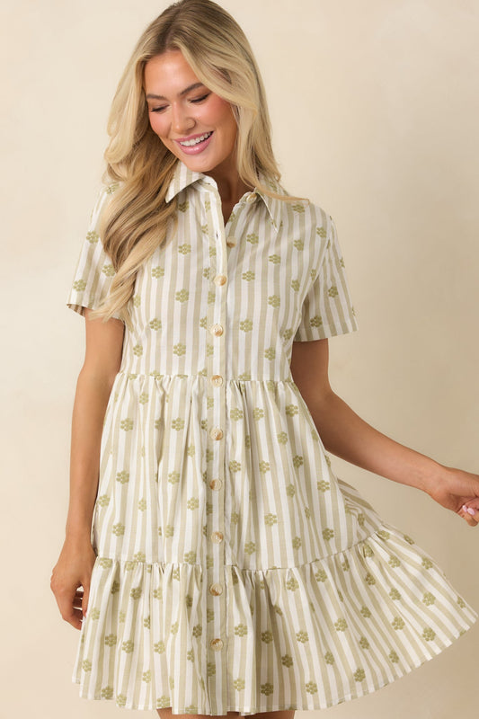Market Days Sage Green Stripe Floral Embroidered Cotton Mini Dress