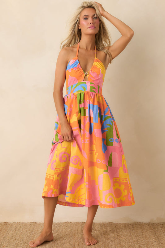 Paradisa Maldives Orange Multi Cotton Abstract Print Midi Dress
